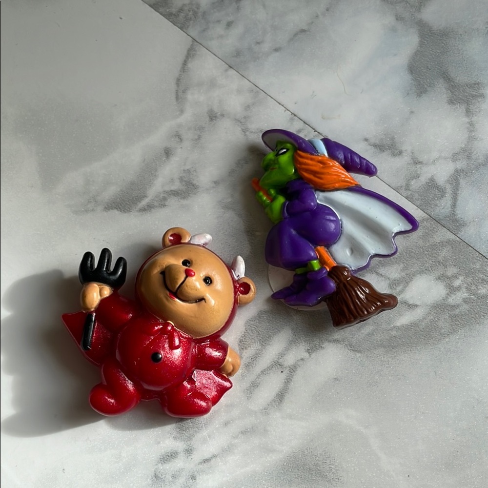VINTAGE Red Devil Bear and Purple Witch pin/brooch set
